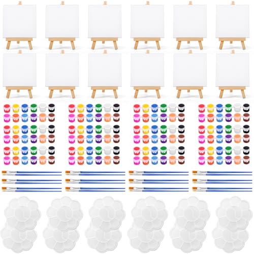 Gdotmely Conjunto de 12 kits de tinta acrílica, conjunto de mini tela e cavalete de 15 x 15 cm, tiras de tintas acrílicas com 24 pincéis, 12 paletas, kits de pintura artística para lembrancinhas de