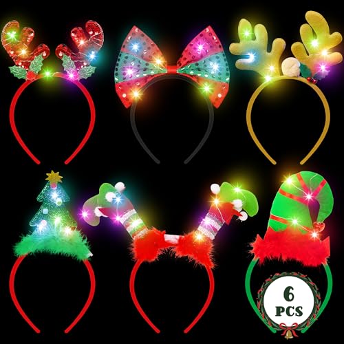 HOVACY Christmas 6 PCS LED Light Up Headband Reindeer Antler Santa Hat Christmas Tree Leprechaun Hat Bow Hair Hoop for Xmas Holiday Party Favors Adults Women