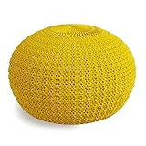 SIMPLIHOME Sonata Boho Round Knitted Outdoor/ Indoor Pouf in Yellow Recycled PET Polyester for the Living Room, Bedroom and Kids Room