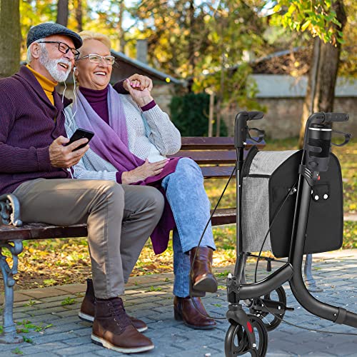 Outspurge 3 Wheel Walkers For Seniors, Foldable Rollator Walker，Narrow Walkers For Small Spaces With Height Adjustable Handles, Storage Bag, Brakes, Premium Aluminum Three Wheel Mobility Aid, Black #TOP1