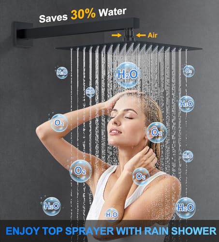 Image of WOINDO Shower Faucet Set, 10 inch Wall Mount Rainfall Shower System with 2 Rain Shower Head and Multi-function Handheld Head Push Button Diverter Shower Faucet Trim Kit