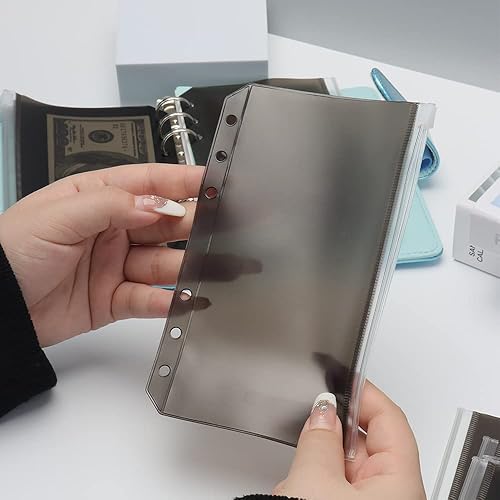 Miniatura 10 de 12 bolsillos A5 de PVC negro con cremallera, hojas sueltas, 6 anillas, organizador de PVC con cremallera para sobres diarios de efectivo, carpetas