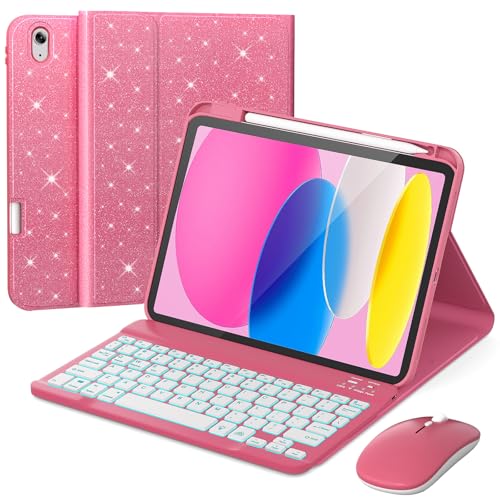 Image of RAYMCRAFT for iPad 11th (A16, 2025) / 10th Generation Case with Keyboard, Mouse and Detachable Wireless Keyboard, 7-Color Backlight, Slim Case with Pencil Holder, Sparkling Pink