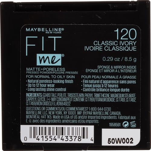 Image of Maybelline New York Powder Foundation, Pressed Powder Compact, Mattifies Skin, Incl. Mirror and Applicator, Fit Me, 120 Classic Ivory, 8.5g (Pack of 2)