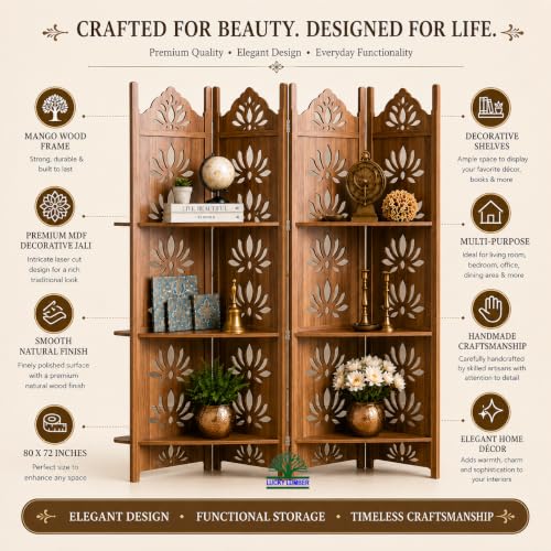Image of Wooden Room Divider Partition with Display Shelves for Living Room | Foldable 4 Panel Decorative Privacy Screen Separator for Home, Office & Bedroom | (Natural with Shelves)