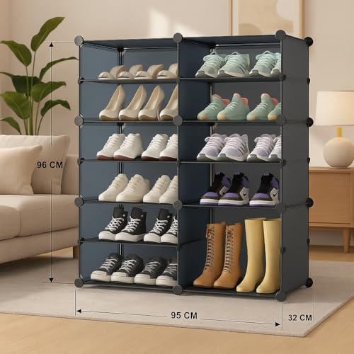 Image of YASONIC Premium Modular Plastic Shoe Rack for Home with Door | 12-Tier Stackable Shoe Organizer | Waterproof & Dustproof | Space Saving Storage for Home, Bedroom & Entryway [Grey HN1, 12-Shelf-6-Door]