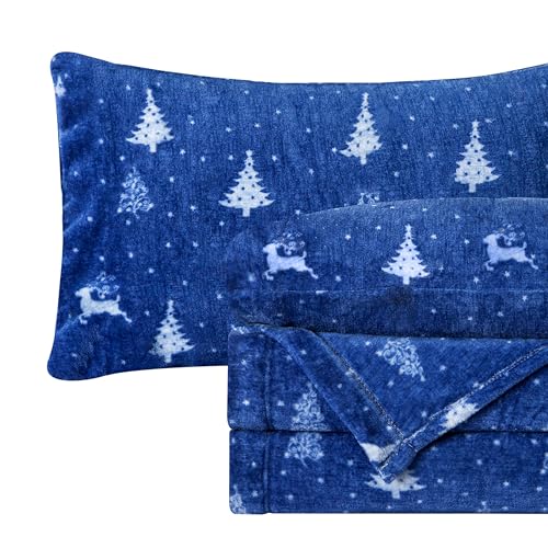 Elegant Comfort Luxuriously Soft 4-Piece Holiday Velvet Plush Flannel Sheet Set - Premium Quality - Cozy Warm, Christmas Fuzzy Velvet Flannel Fleece Deep Pocket Sheet Set - King, Arctic Blue Christmas