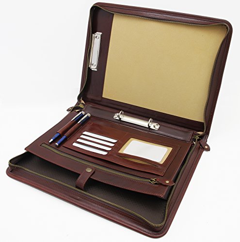 Noda Executive Leather Padfolio 2 Ring Binder Professional Business Portfolio W/Zippered Closure | Resume, Document, Notepad, Tablet, Clipboard, Writing Pad Organizer | Men, Women (Brown) #TOP3
