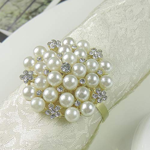 zorpia Napkin Rings Set of 6-Flower Pearl Rhinestone Napkin Ring Holder for Wedding Party Home Kitchen Dining Table Linen Accessories (6,Golden)