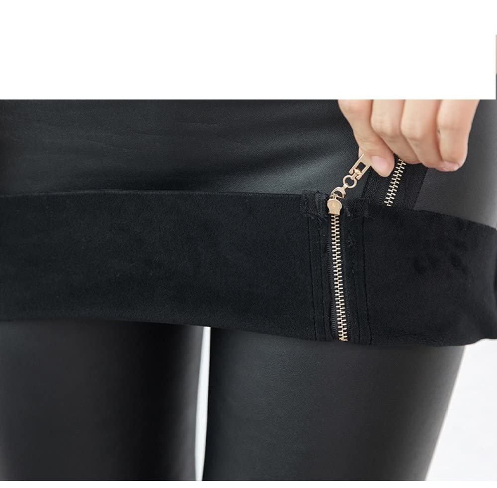 Winter Leggings Damen,Damen Thermal Leggings Fashion Schwarz Pu Lederimitat Gefälschte Zwei Reißverschlüsse Bleistiftrock Hoch Taillierte Leggings Dicke Samt Gefüttert Dehnbare Strumpfhose Für
