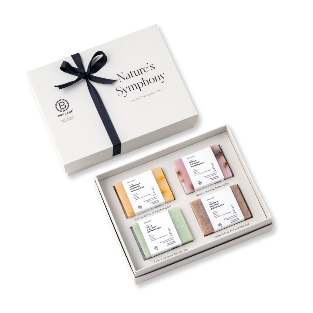 Brillare Nature’s Symphony Bathing Bar Gift Box | Saffron & Coconut, Rose & Coconut, Mint & Coconut, Coffee & Coconut Bathing Bars | Ideal Gift Special Occasions (Pack of 4)