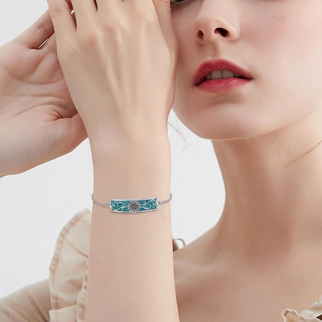 Sunflower Bracelet for Women 925 Sterling Silver Genuine Turquoise Bar Bracelet for Gifts