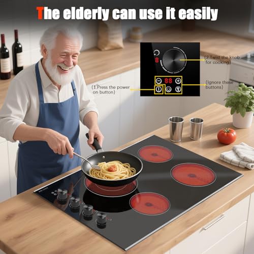 Image of Noxton Electric Cooktop 30 Inch, Knob Control 4 Burners Electric Stove Top with Glass Protection Metal Frame, Expandable Burner, Safety Lock, Timer, 6700W 240V Hard Wired(Black)