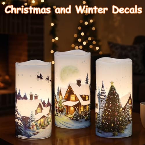 Image of GenSwin Christmas Flameless Candles with Remote Timer, Set of 2 Christmas LED Battery Operated Pillar Candles with Snow House, Santa, Reindeer Decals for Holiday Winter Party Home Decor(D3 inch x H6 inch)