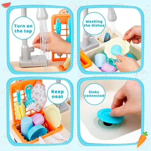 Image of PLUSPOINT Kids Play Kitchen Sink Toys Pretend Play Automatic Faucet Recycling Water Dish Rack Cooking Pot Pan Utensils Set Accessories Play Food Toddler Toy for Boys and Girls Age 3 Years+