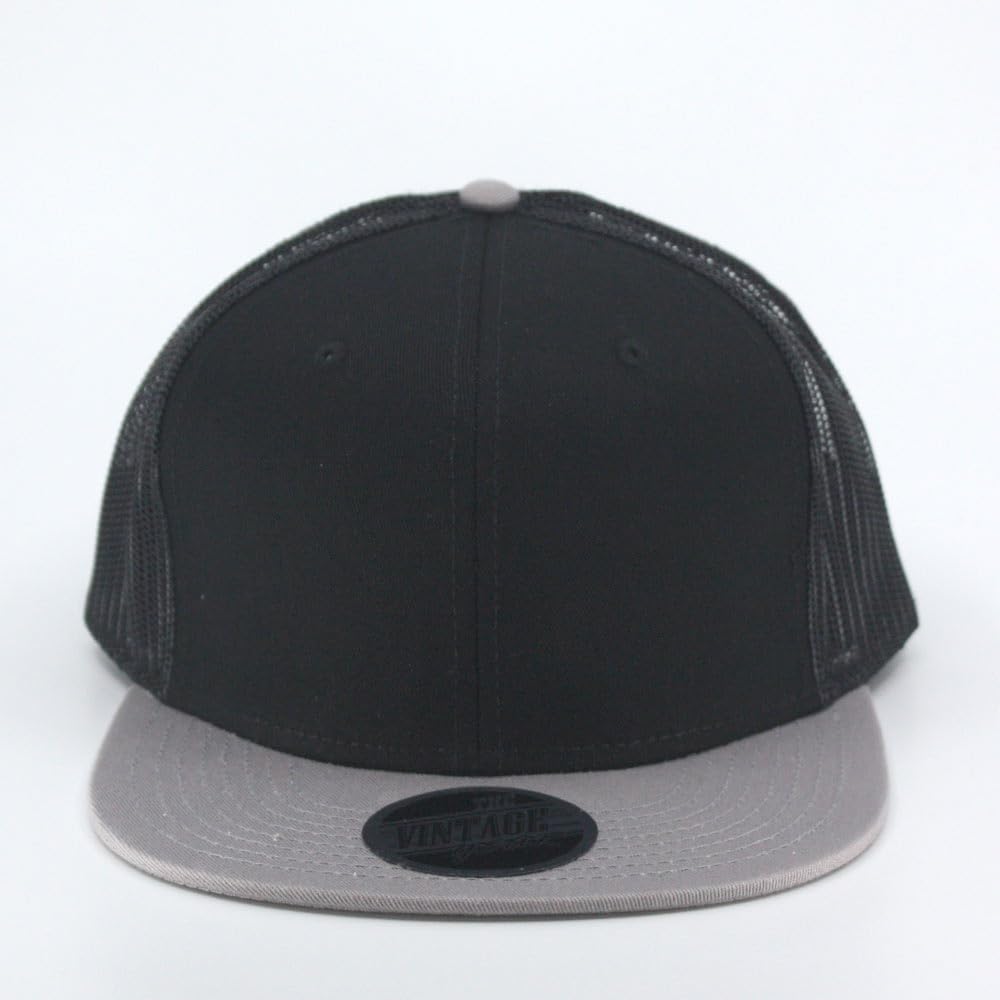 The Vintage Year Plain Cotton Twill Flat Brim Mesh Adjustable Snapback Trucker Baseball Cap (Gray/Black/Black) - Image 2