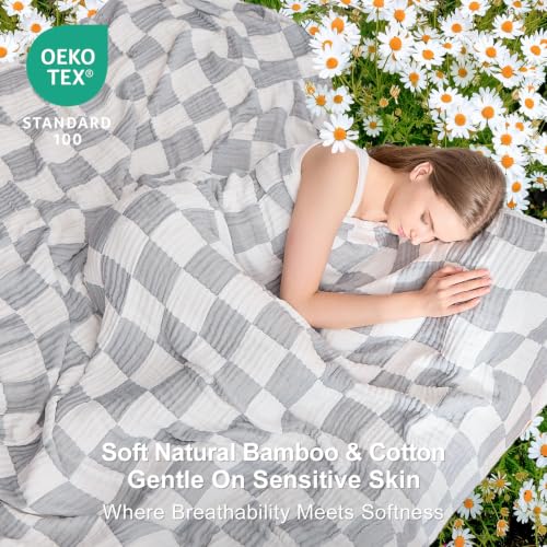 Image of EMME Cooling Muslin Queen Blanket for Bed - Checkered Lightweight Summer Cotton Blankets of Rayon Derived from Bamboo for Hot Sleepers, Ultra Soft Breathable Gauze