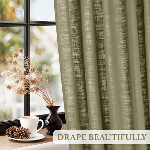 Uqocnh Pinch Pleated Linen Curtains White 102 inches Extra Long Flax Farmhouse Semi Sheer Olive Green Curtains for Living Room Bedroom Pleated Drapes Rod Pocket Back Tab Window Curtain Set, 2 Panels — view 4