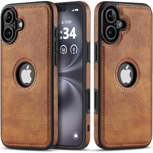TRUIRON for iPhone 16 Case Luxury Leather Logo Visible Vintage Ultra Slim Protective Cover 2024 6.1 Inch (Brown)