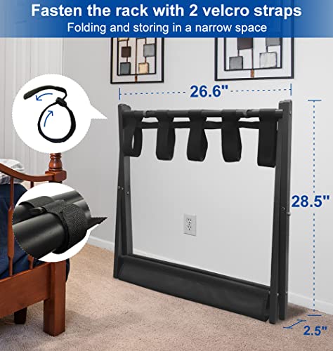 Queension Folding Luggage Rack Stand with Shelf for Guest Room, Foldable Metal Suitcase Storage Caddy Holder for Bedroom Hotel Essentials, Black, 1pack