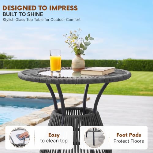 Image of DEVOKO Bliss 4 Seater Outdoor Patio Rope Conversation Set with Glass Top Table (Grey /Dark Grey), Powder-Coated Metal Frame & Water-Resistant Cushions for Balcony, Garden, Terrace
