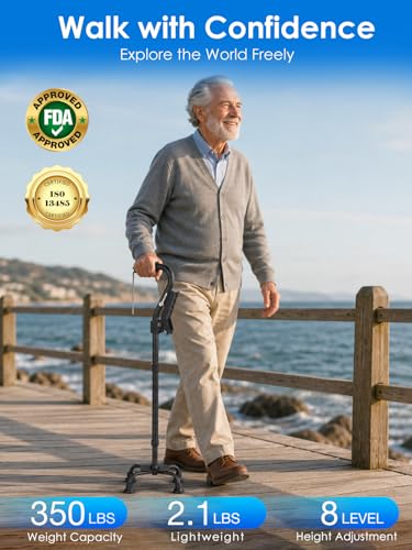 Image of WHLICKS Quad Cane for Stability, Adjustable Walking Cane for Women & Men with A Large 4 Pronged Base for Balance, 350lbs Heavy Duty Cane with 4 Legs & Second Handle, Walking Sticks for Seniors