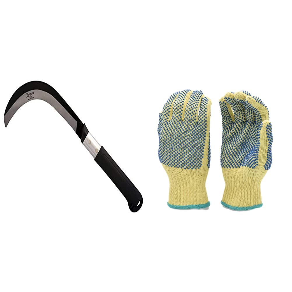 Zenport K310 Brush Clearing Sickle, 9", 9", Black & G & F Products 1670L Cut Resistant Work Gloves, 100% Kevlar Knit Work Gloves, Make by Dupont Kevlar, Yellow