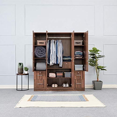 Image of Wakefit Wardrobe | 1 Year Warranty | Engineered Wood Almirah, Cupboard for Clothes Storage | 4 Door, 1 Drawer | Plaid - Columbian Walnut