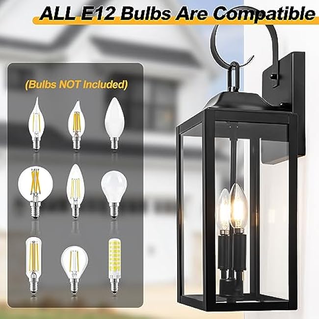 19 Black Outdoor Wall Lantern 2-Light, Large Outside Modern Porch Sconce Light Fixture, Industrial Porch Light Wall Mount with Glass, Waterproof Farmhouse Exterior Lamp Lighting £¨1 Pack£©