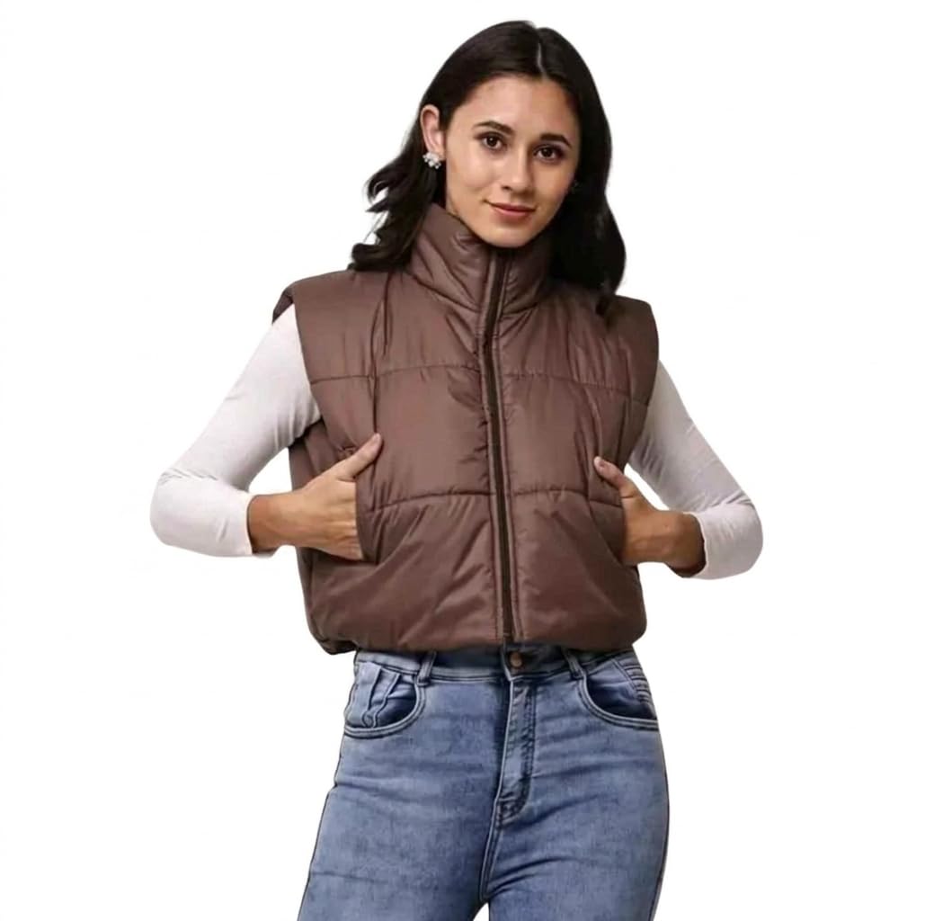 DREAMDAY CREATIONS Women’s Half Sleeveless Puffer Jacket | Winter Crop Style with Zipper Closure & Polyester Padding | Fashionable Casual Outerwear-picture-20