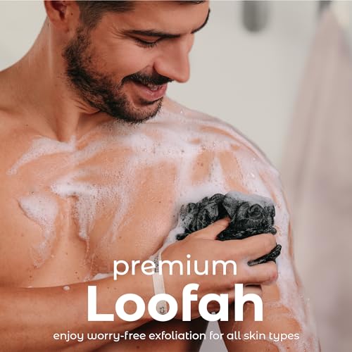 Image of MainBasics Shower Loofah Sponge Pouf, Set of 3, Triple Black | Soft Mesh Body Scrubber and Bath Sponge for Gentle Exfoliation, Rich Lather, and Everyday Shower Use