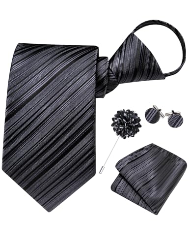 Image of Hi-Tie Zipper Ties for Men Pre-tied Tie Set Lapel Pin Pocket Square and Cufflinks Formal Business Wedding Adjustable Necktie
