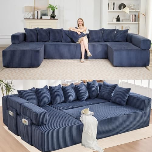 Image of Oversized Cloud Boneless Couch with Chaise, 146 inch Modern U Shape Modular Deep Seat Sectional Sofa, Comfy Corduroy Upholstered Couches for Living Room, No Assembly Required-Blue