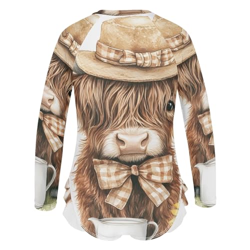 Highland Cow with Sunflower Girls Long Sleeve Swimsuit Rash Guard One Piece Bathing Suits Zipper 3-12T3