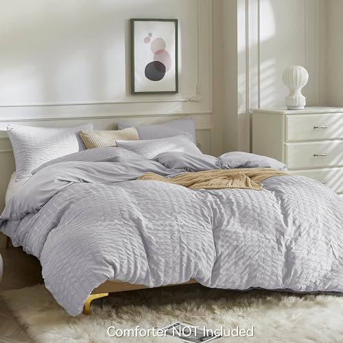 Image of JELLYMONI Light Grey Duvet Cover King Size, 3pcs Washed Microfiber Bedding Set, Soft Breathable Seersucker Duvet Cover Set with Zipper Closure and Corner Ties for All Seasons
