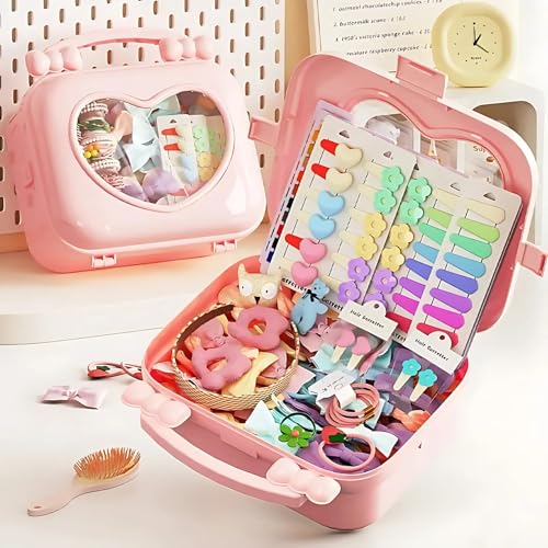 Image of KiZY Girl Kid Hair Accessories Storage Box | Hair Ties-Clips, Bow-Ribbon-Headband, Jewelry Organizer | Portable Case | Available in Multiple Design-Color. (Pack of - 2, Pink Suitcase)