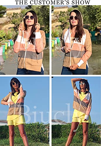 Biucly Womens Stripes Color Block Knit Sweater Zip Up Hoodies Long Sleeve Lightweight Drawstring Jacket Pullover Sweatshirts Sweaters Fall Winter 2022,Us 12-14(L),Multicolor #TOP4