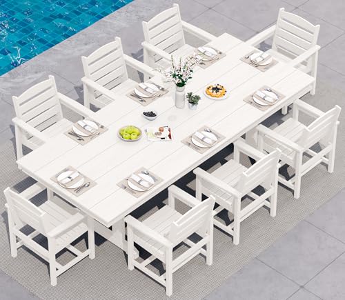 Image of SERWALL 9 Piece 84 inch HDPE Outdoor Dining Set for 8 with Armchairs and Umbrella Hole, White