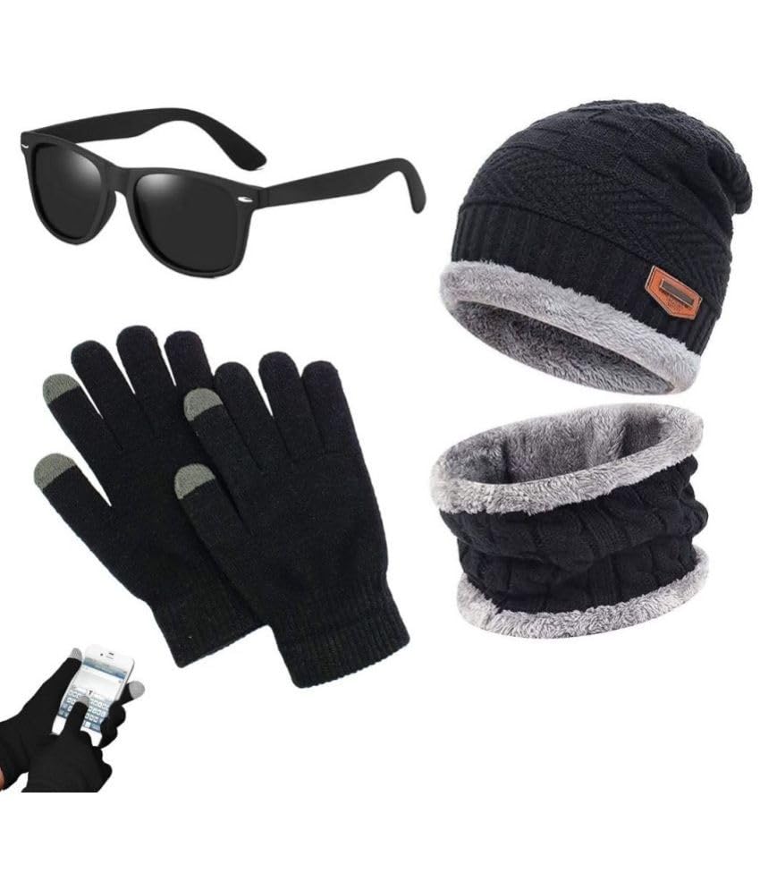 Men's & Women's Woolen Cap with Neck Muffler/Neckwarmer (Black) and Unisex Sunglasses and Woolen Knitted Hand Gloves-image-44