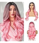 BECUS Pink Wig 22 Inch Long Pink Wigs for Women Middle Part Natural Curly Wavy Synthetic Replacem...