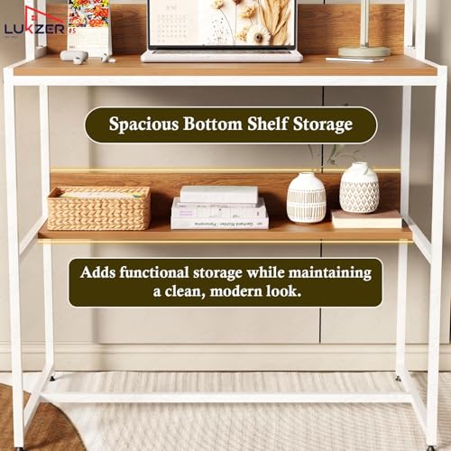 Image of Lukzer Study Table with Open Bookshelf | Engineered Wood with Metal Frame Desk | Modern & Space Saving Computer Workstation with Hutch for Home & Office (MST-010 /White & Oak Brown /143x83x50 cm)