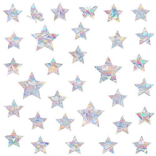 36 Pieces Star Window Decals for Bird Strike Prevention - Reusable Rainbow Suncatcher Clings to Save Birds, Non-Adhesive Anti-Collision Stickers, Easy Remove No Residue