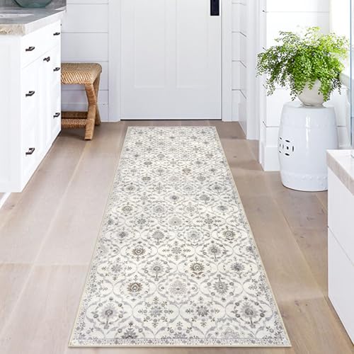 KILOCOCO 2x5 Runner Rug, Moroccan Super Soft Washable Hallway Entryway Runner Rug, Accent Print Faux Wool Kitchen Runner Rug 5 Feet Non-Slip Runners Boho Rug Runners for Bedroom, Cream Beige Grey