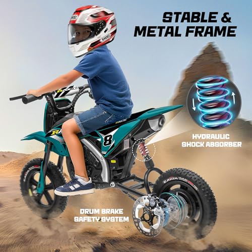 Image of 24V Kids Electric Dirt Bike - 250W Electric Motorcycle, 11 Mph Max Speed Electric Motorcycle Mini Bike with Music, 10 Miles Range, Twist Grip Throttle, Metal Suspension, Rubber Tires (Dark Green)