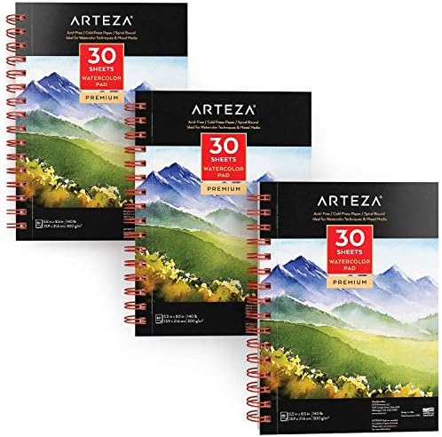 Arteza Premium Watercolour Paper Pad, 3 Pack, 90 Sheets, 13.9 x 21.6 cm, Spiral Bound, 300gsm Watercolour Paper, Cold-Pressed, Acid-Free, Art Supplies for Watercolour Techniques and Mixed Media