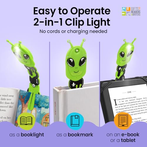 Image of Gifts for Readers & Writers Bookmark Reading Light Alien Green - 2in1 Clip On Bookmark Kids Book Light for Reading Night in Bed, Travel Cute Book Lights, Flexible 8 Lumen LED Lights for Books