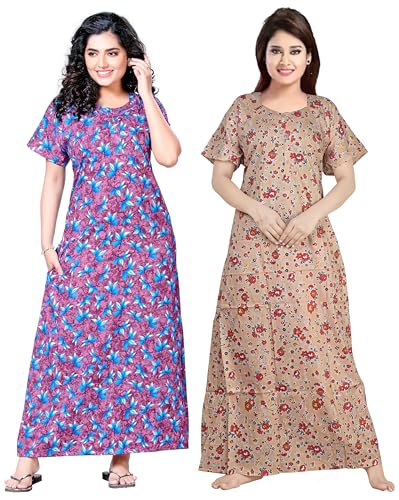 Image of Keyocean Women's Cotton Printed Nighty Night Gown Maxi Free Size (Pack of 2) Beige & Purple