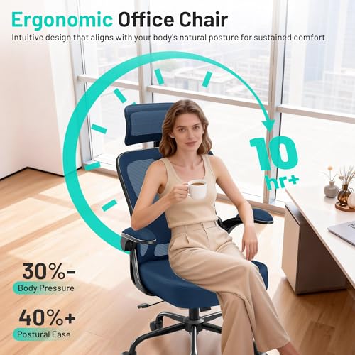 Image of AreShark Office Chair - Ergonomic Desk Chair Breathable Mesh Chair with 2D Headrest & Adjustable Lumbar Support - Executive High Back Rolling Swivel Computer Gaming Chair with Wheels Flip-up Armrests