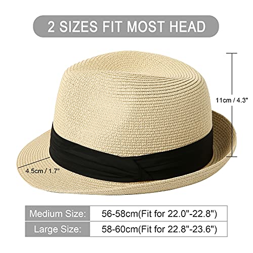 Lanzom Men Women Fedora Straw Sun Hat Foldable Roll Up Short Brim Trilby Hat Summer Beach Hat (A-Beige,Medium) #TOP1