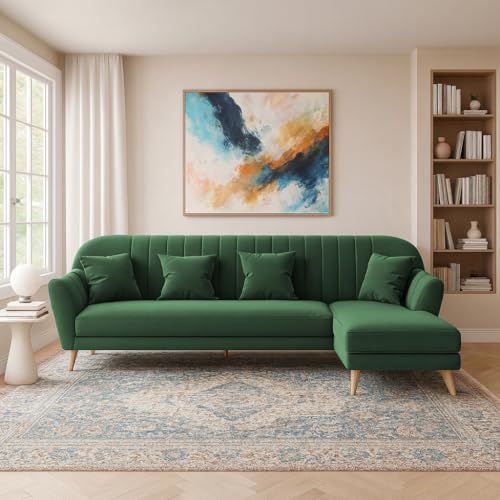 Image of Atticus RHS 6 Seater L Shape Sofa Set for Living Room (Green Fabric) Premium Fabric Sofa Set